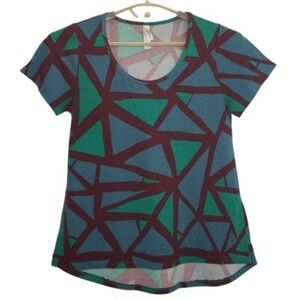 Lularoe Blouse Womens S Green Brown Geometric Short Sleeve Scoop Neck Stretch‎